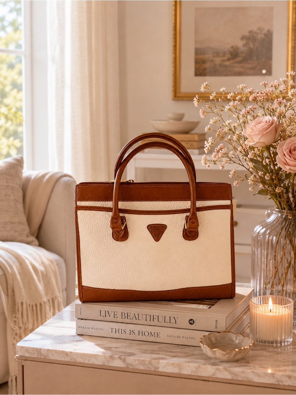 GUESS Cream & Brown Tote Bag Large Faux Leather Satchel Shoulder Bag